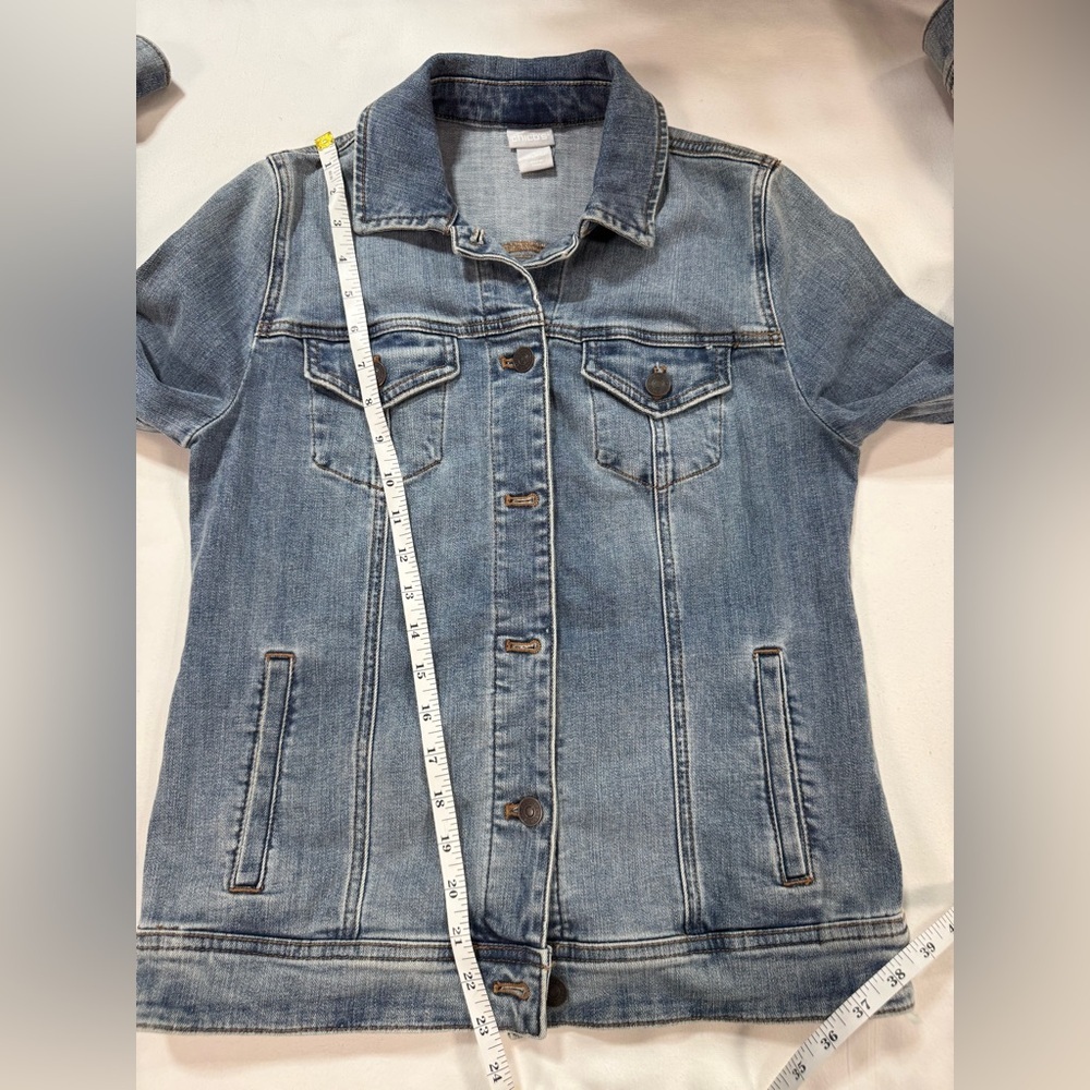 CHICO'S Medium Blue Denim Jacket with flag embroidery size S - Picture 15 of 15